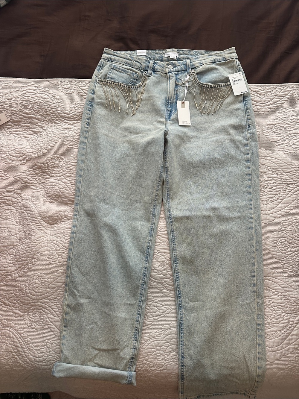 Good American Light Blue Boyfriend Jeans with Crystal Fringe 14 NWT